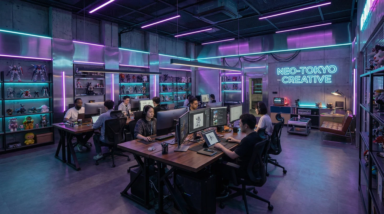 九条南无团队赛博朋克风格创意办公室环境